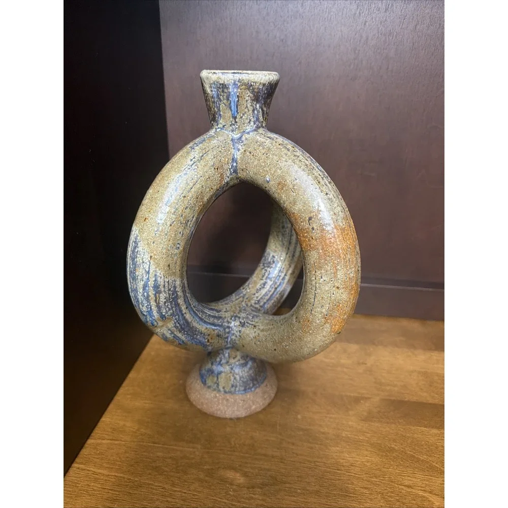 Studio Art Pottery Ring Loop Vase Pitcher Hand Thrown 10.25